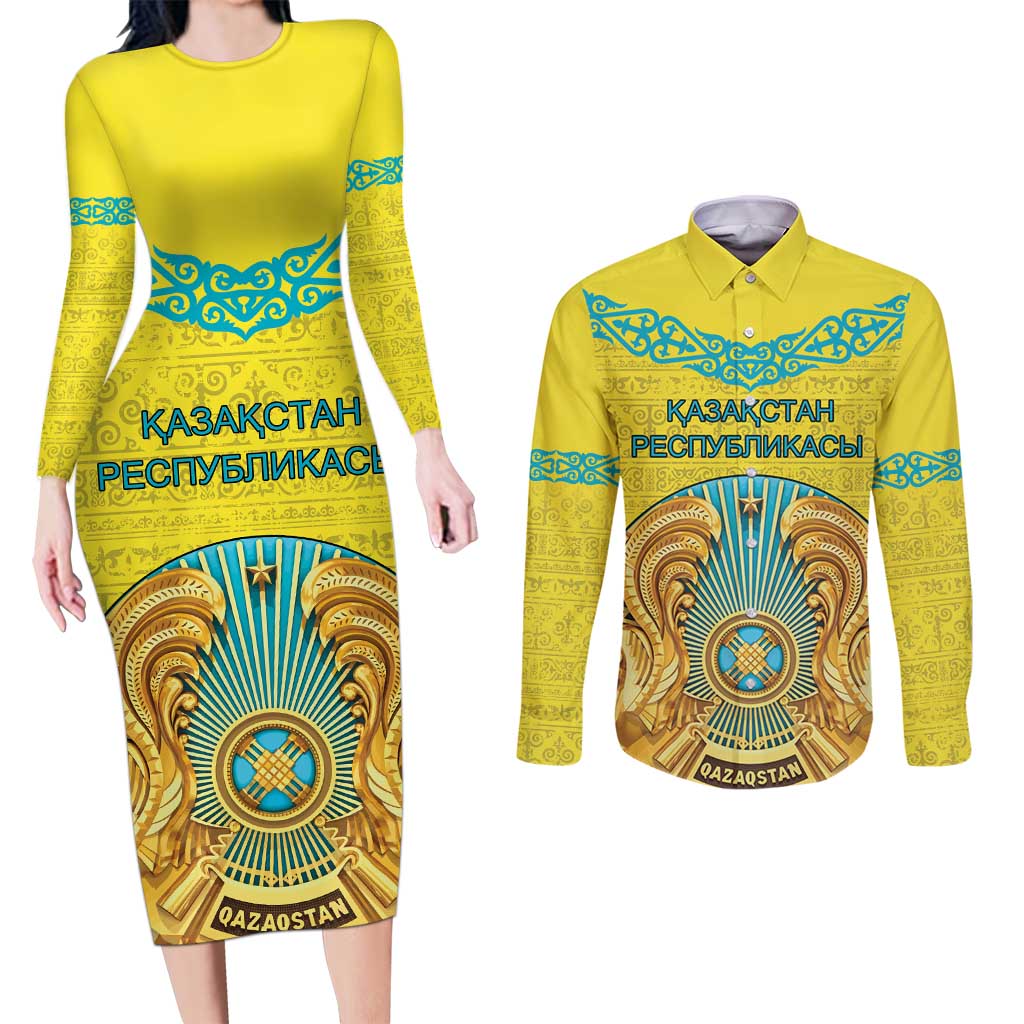 Personalized Kazakhstan Emblem Couples Matching Long Sleeve Bodycon Dress and Long Sleeve Button Shirt Kazakh Pattern