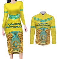 Personalized Kazakhstan Emblem Couples Matching Long Sleeve Bodycon Dress and Long Sleeve Button Shirt Kazakh Pattern