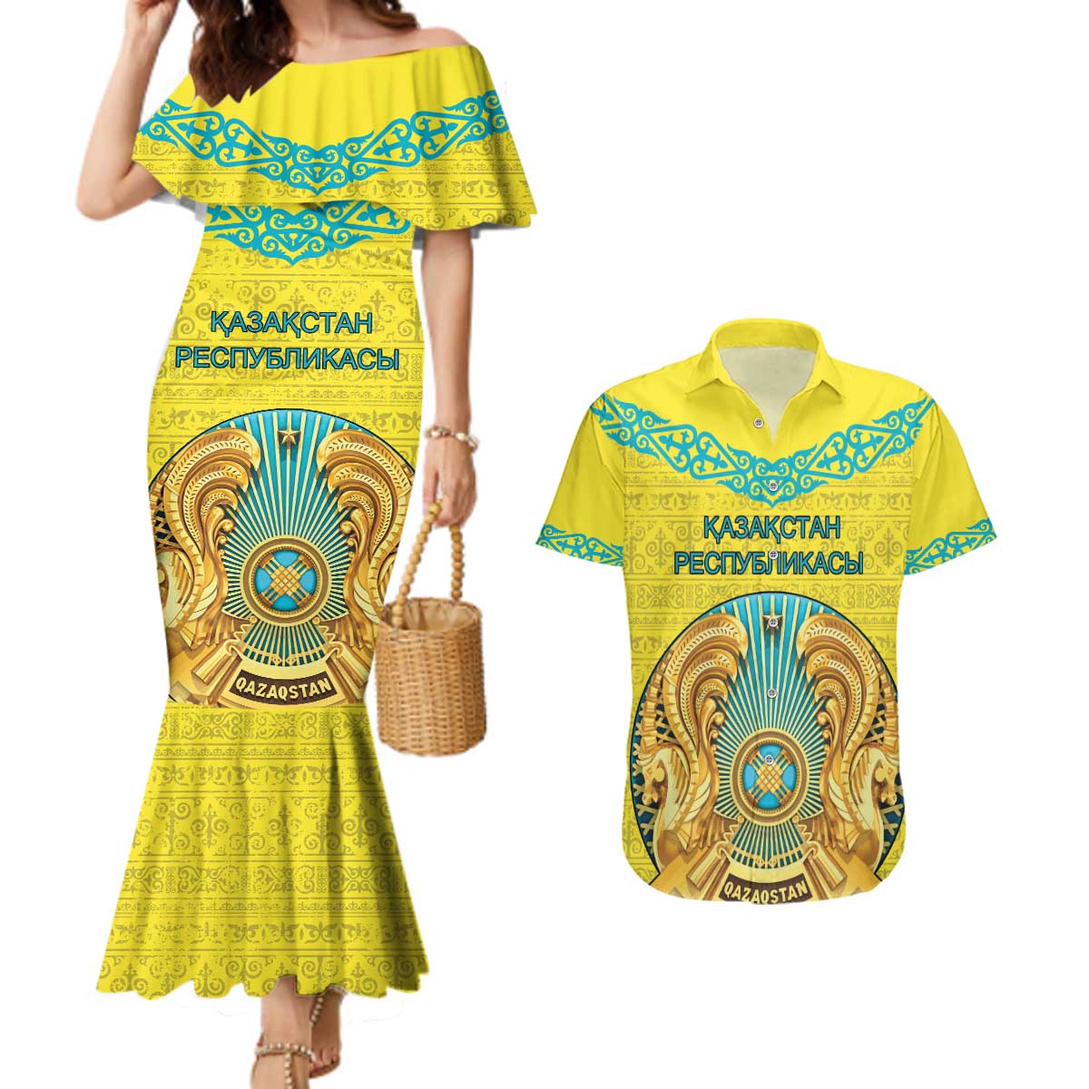 Personalized Kazakhstan Emblem Couples Matching Mermaid Dress and Hawaiian Shirt Kazakh Pattern