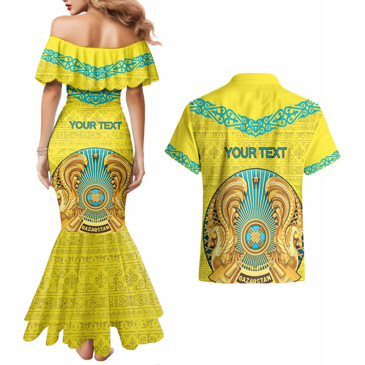 Personalized Kazakhstan Emblem Couples Matching Mermaid Dress and Hawaiian Shirt Kazakh Pattern