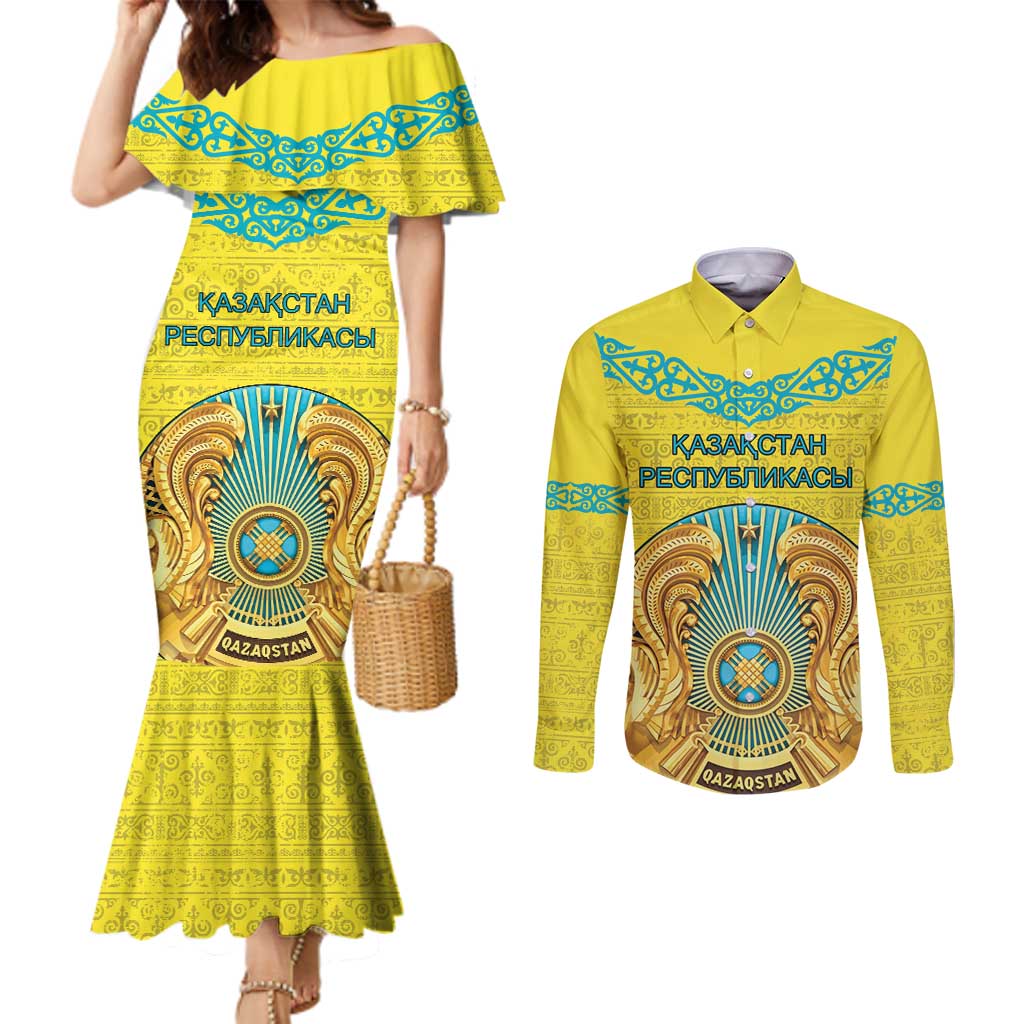Personalized Kazakhstan Emblem Couples Matching Mermaid Dress and Long Sleeve Button Shirt Kazakh Pattern