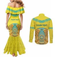 Personalized Kazakhstan Emblem Couples Matching Mermaid Dress and Long Sleeve Button Shirt Kazakh Pattern
