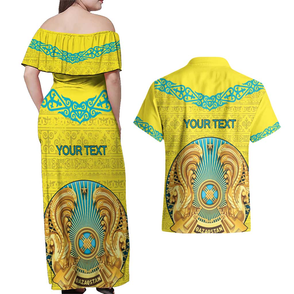 Personalized Kazakhstan Emblem Couples Matching Off Shoulder Maxi Dress and Hawaiian Shirt Kazakh Pattern