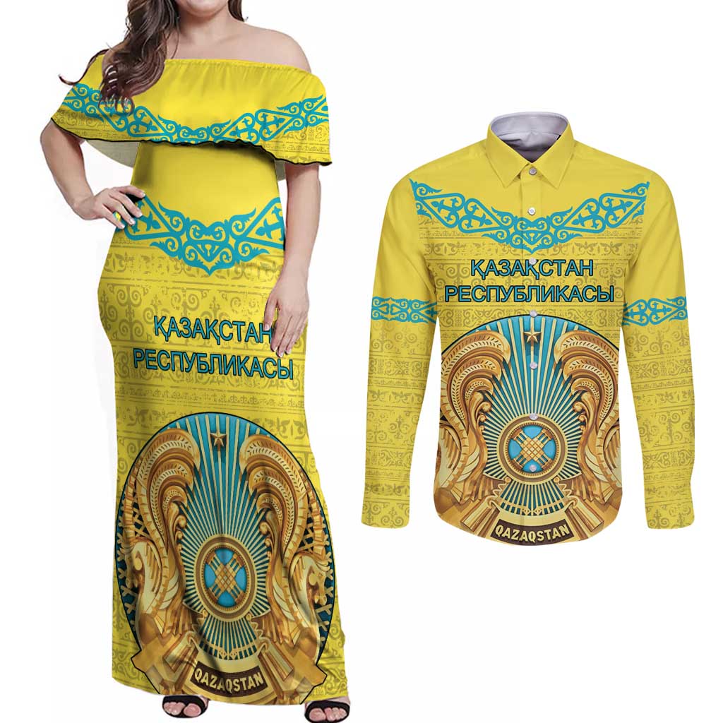 Personalized Kazakhstan Emblem Couples Matching Off Shoulder Maxi Dress and Long Sleeve Button Shirt Kazakh Pattern