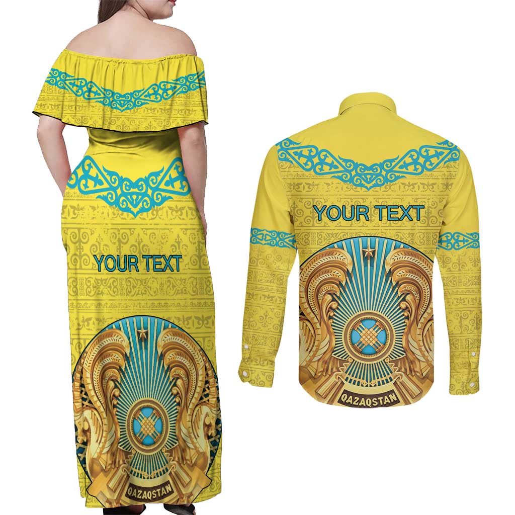 Personalized Kazakhstan Emblem Couples Matching Off Shoulder Maxi Dress and Long Sleeve Button Shirt Kazakh Pattern