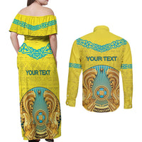 Personalized Kazakhstan Emblem Couples Matching Off Shoulder Maxi Dress and Long Sleeve Button Shirt Kazakh Pattern
