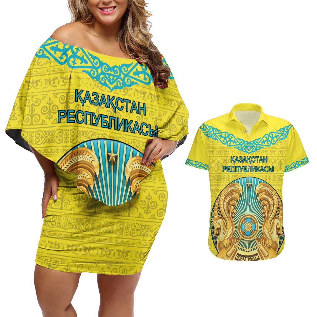 Personalized Kazakhstan Emblem Couples Matching Off Shoulder Short Dress and Hawaiian Shirt Kazakh Pattern