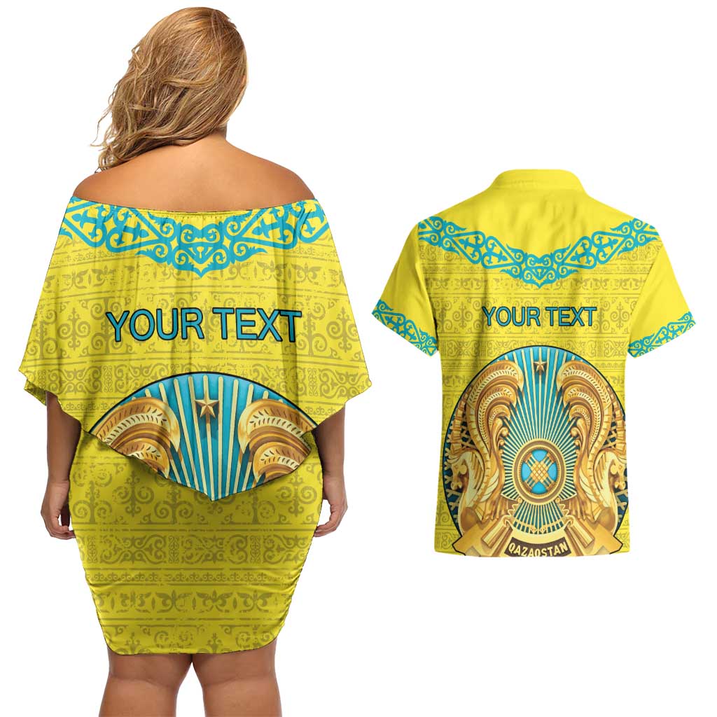 Personalized Kazakhstan Emblem Couples Matching Off Shoulder Short Dress and Hawaiian Shirt Kazakh Pattern