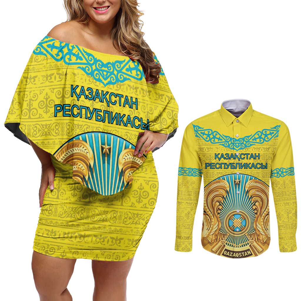 Personalized Kazakhstan Emblem Couples Matching Off Shoulder Short Dress and Long Sleeve Button Shirt Kazakh Pattern