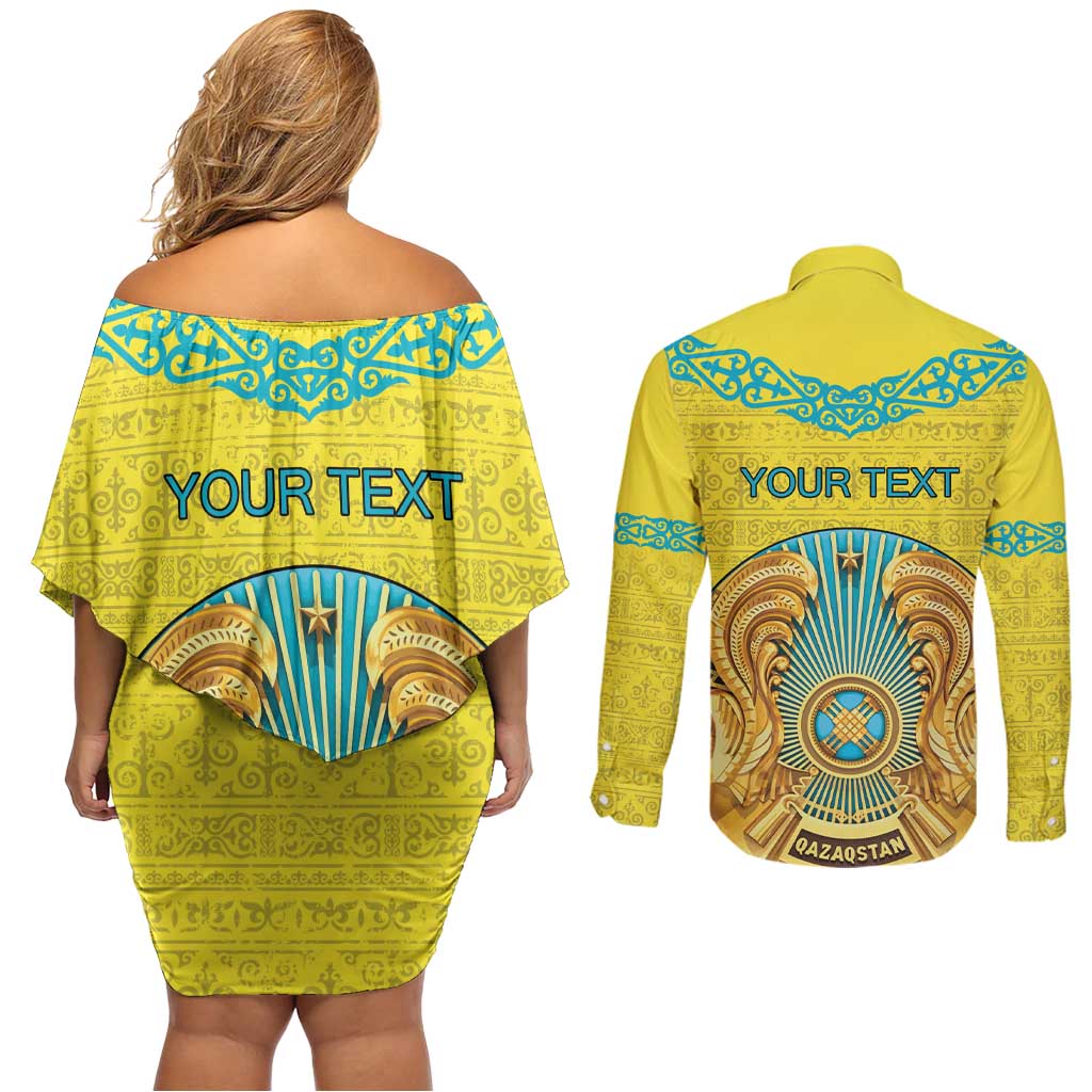 Personalized Kazakhstan Emblem Couples Matching Off Shoulder Short Dress and Long Sleeve Button Shirt Kazakh Pattern