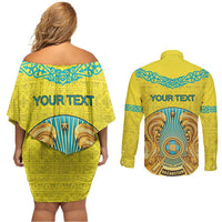 Personalized Kazakhstan Emblem Couples Matching Off Shoulder Short Dress and Long Sleeve Button Shirt Kazakh Pattern