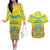 Personalized Kazakhstan Emblem Couples Matching Off The Shoulder Long Sleeve Dress and Hawaiian Shirt Kazakh Pattern