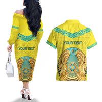 Personalized Kazakhstan Emblem Couples Matching Off The Shoulder Long Sleeve Dress and Hawaiian Shirt Kazakh Pattern