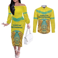 Personalized Kazakhstan Emblem Couples Matching Off The Shoulder Long Sleeve Dress and Long Sleeve Button Shirt Kazakh Pattern