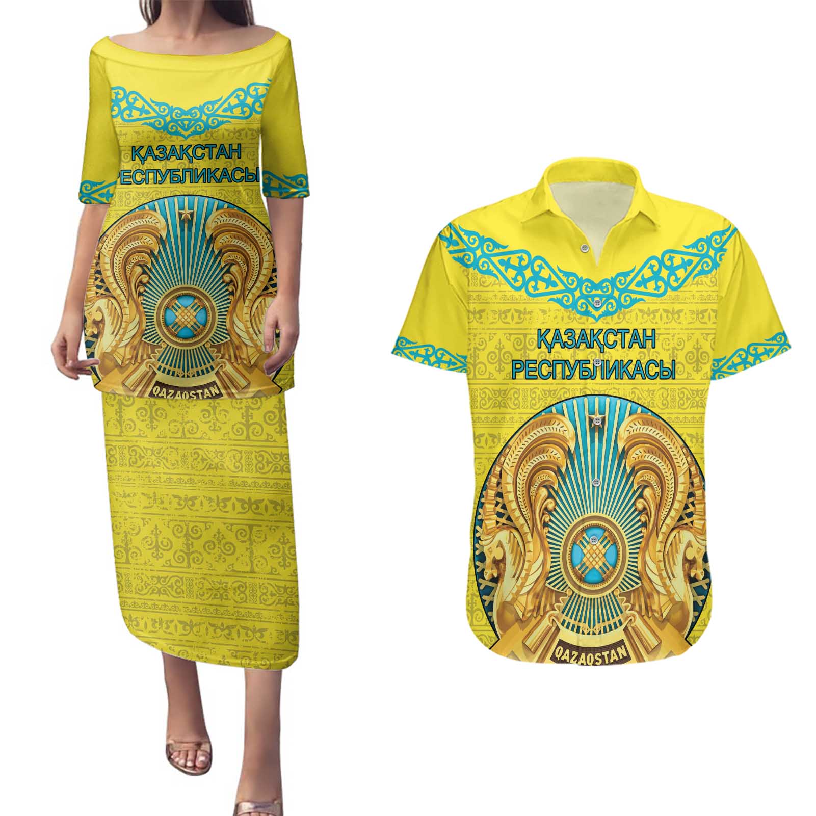 Personalized Kazakhstan Emblem Couples Matching Puletasi and Hawaiian Shirt Kazakh Pattern