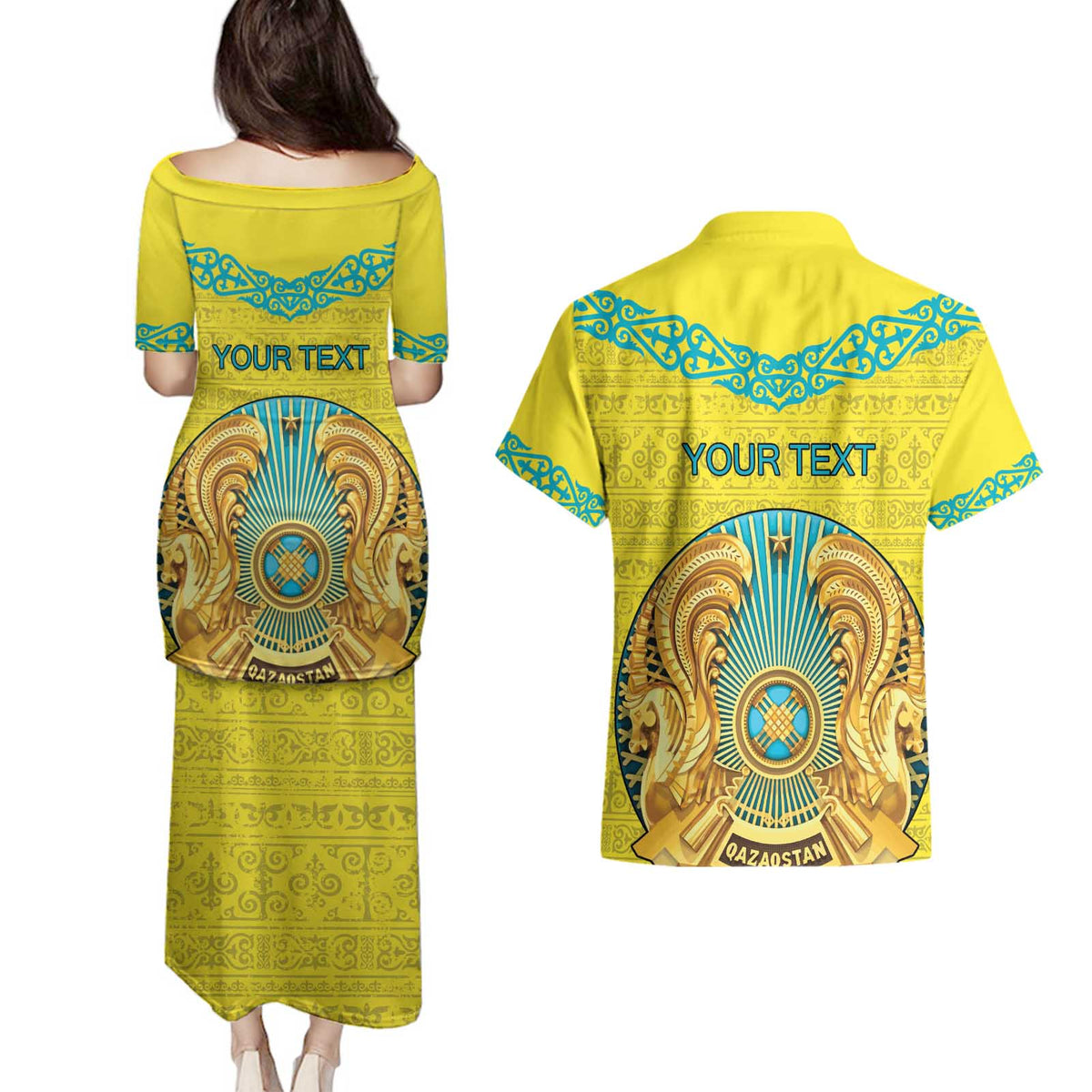 Personalized Kazakhstan Emblem Couples Matching Puletasi and Hawaiian Shirt Kazakh Pattern