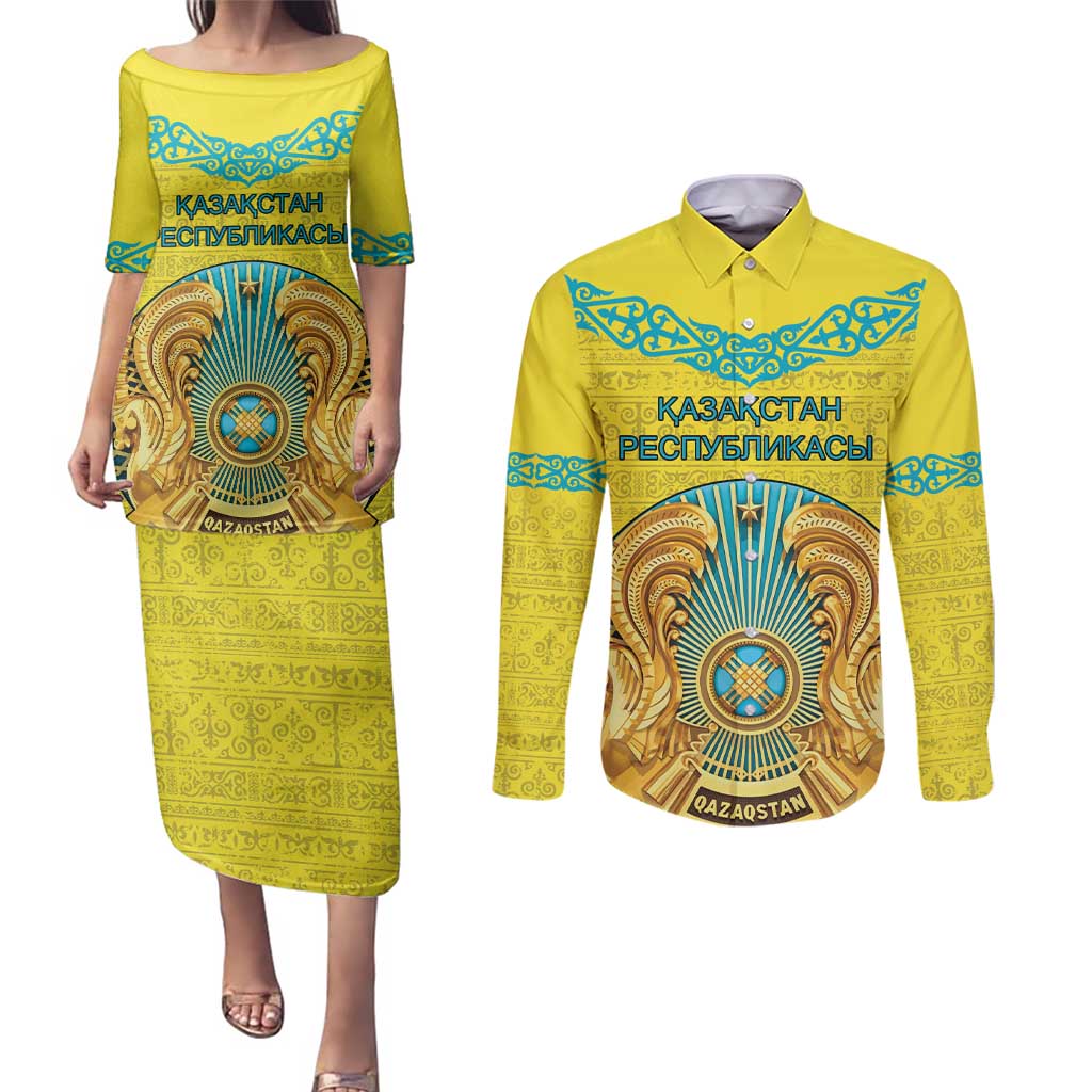 Personalized Kazakhstan Emblem Couples Matching Puletasi and Long Sleeve Button Shirt Kazakh Pattern