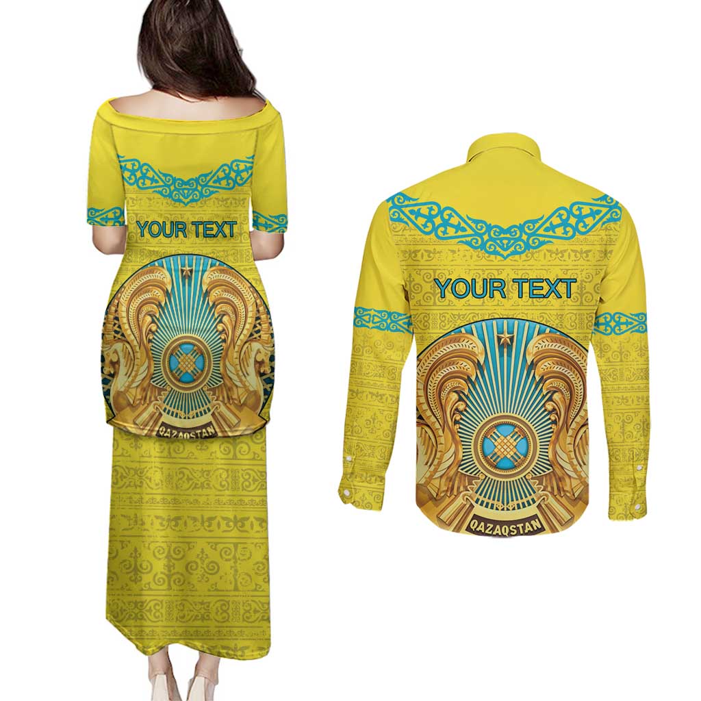 Personalized Kazakhstan Emblem Couples Matching Puletasi and Long Sleeve Button Shirt Kazakh Pattern