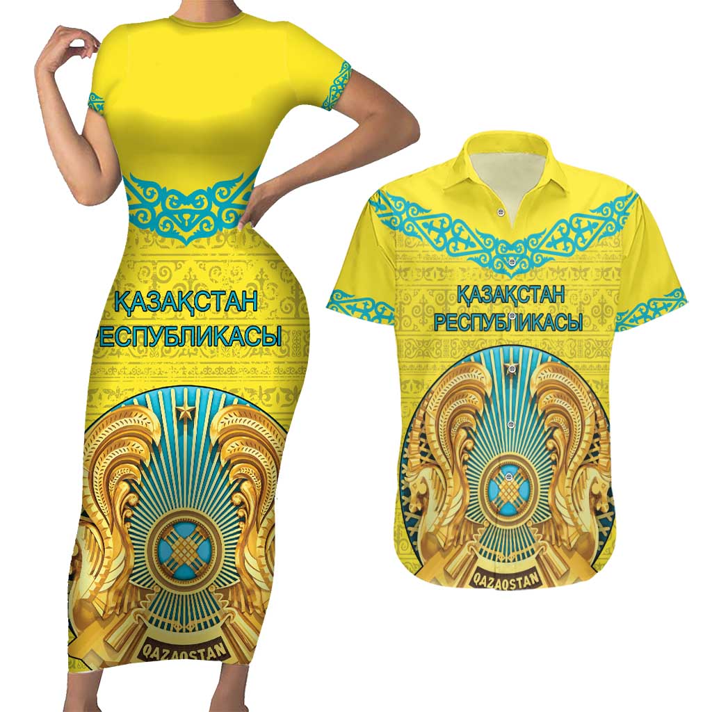 Personalized Kazakhstan Emblem Couples Matching Short Sleeve Bodycon Dress and Hawaiian Shirt Kazakh Pattern