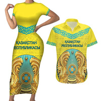 Personalized Kazakhstan Emblem Couples Matching Short Sleeve Bodycon Dress and Hawaiian Shirt Kazakh Pattern