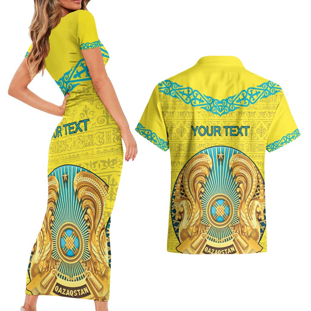 Personalized Kazakhstan Emblem Couples Matching Short Sleeve Bodycon Dress and Hawaiian Shirt Kazakh Pattern