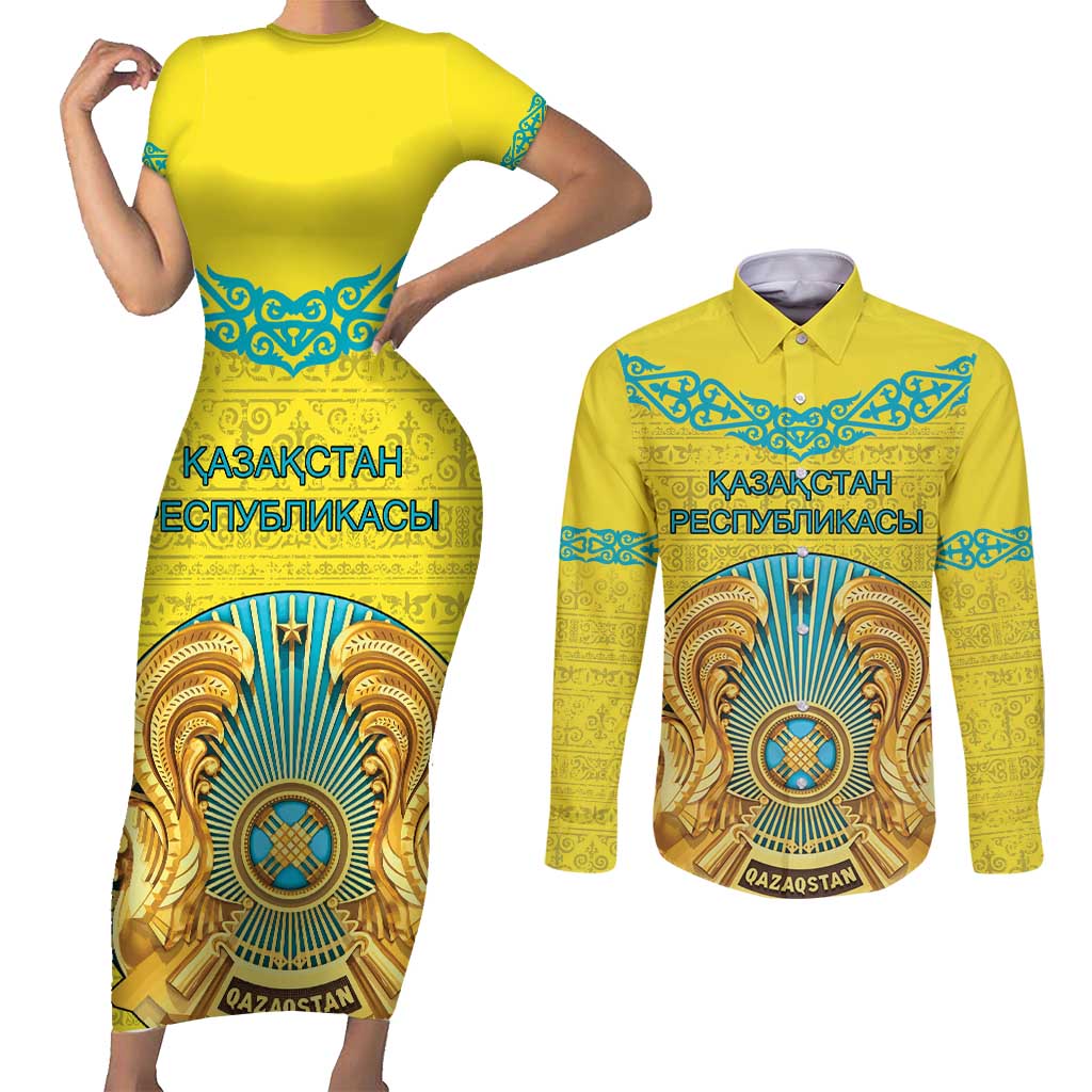 Personalized Kazakhstan Emblem Couples Matching Short Sleeve Bodycon Dress and Long Sleeve Button Shirt Kazakh Pattern