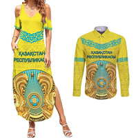 Personalized Kazakhstan Emblem Couples Matching Summer Maxi Dress and Long Sleeve Button Shirt Kazakh Pattern
