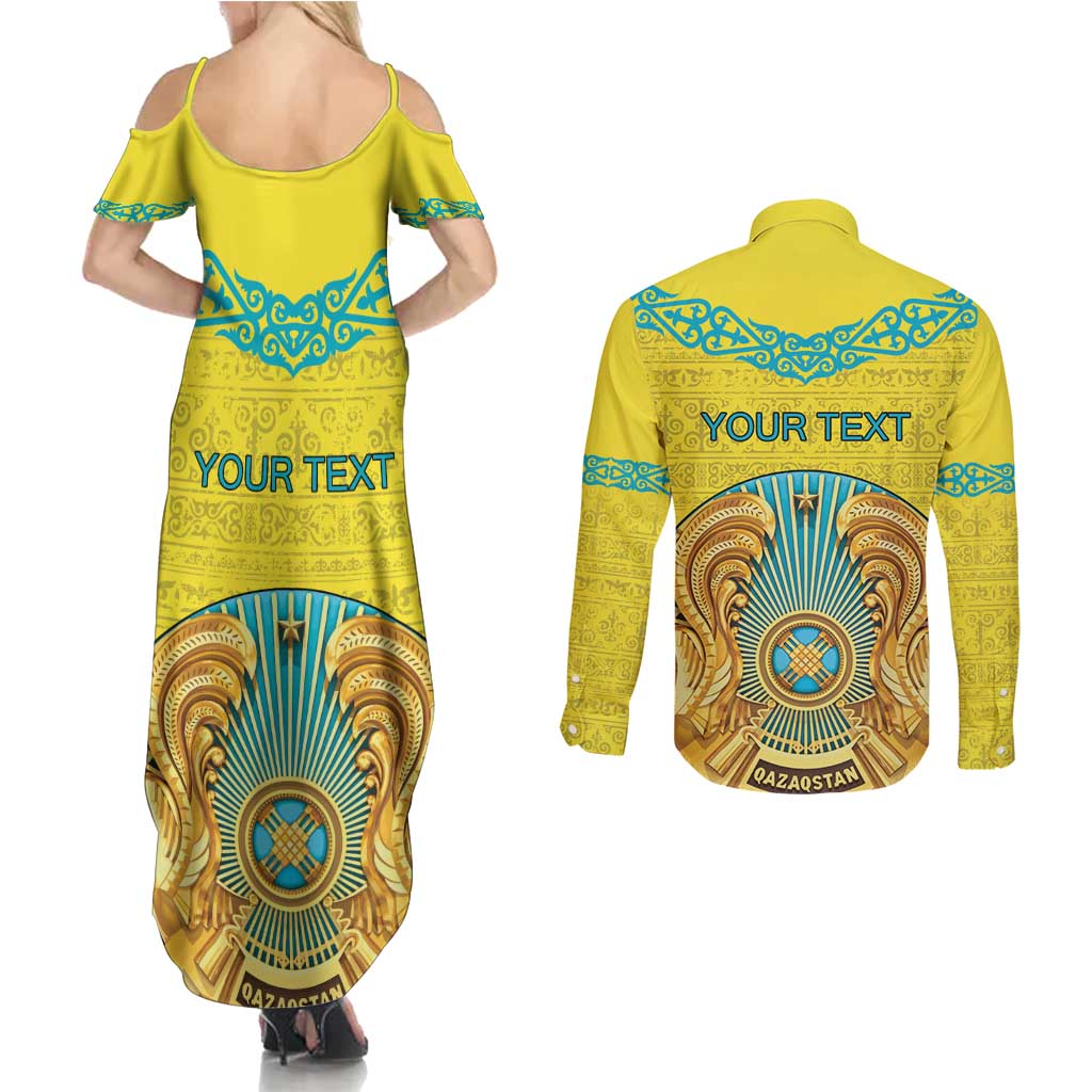 Personalized Kazakhstan Emblem Couples Matching Summer Maxi Dress and Long Sleeve Button Shirt Kazakh Pattern