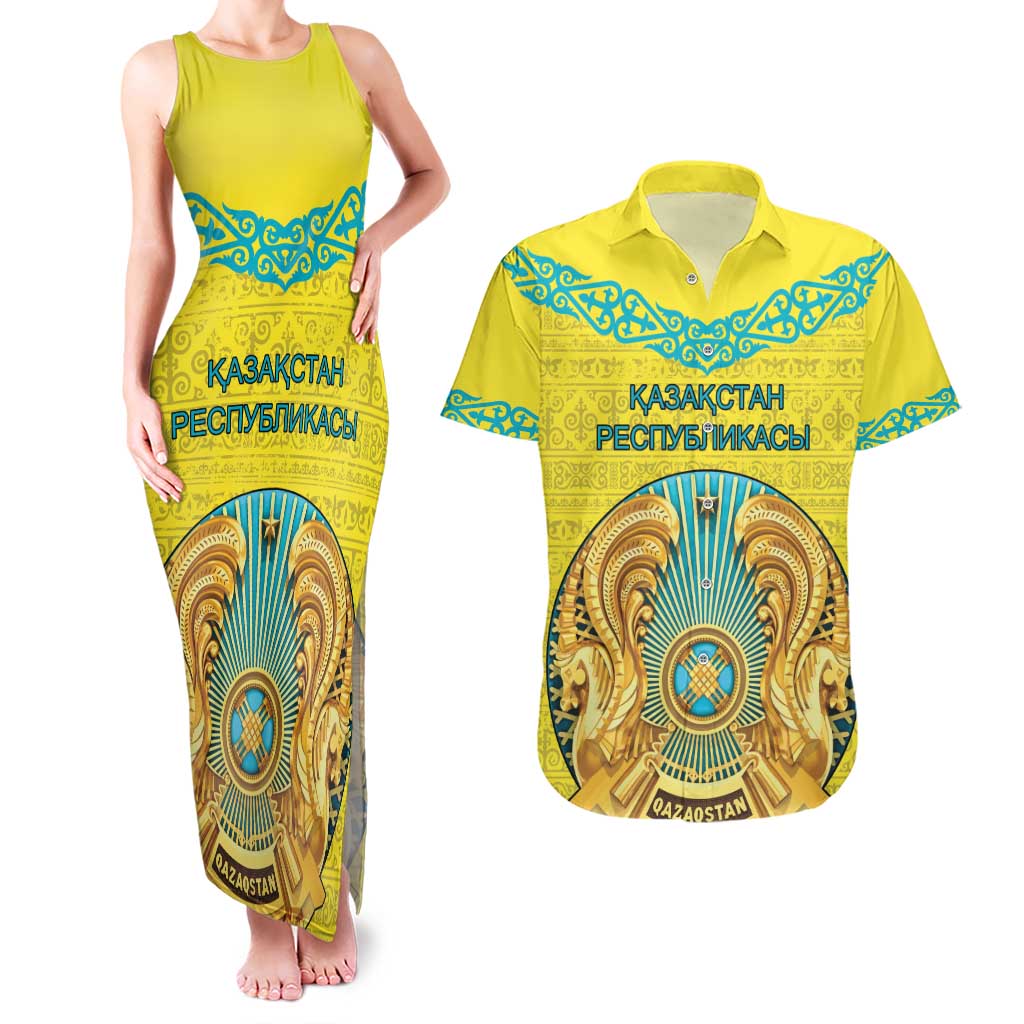 Personalized Kazakhstan Emblem Couples Matching Tank Maxi Dress and Hawaiian Shirt Kazakh Pattern