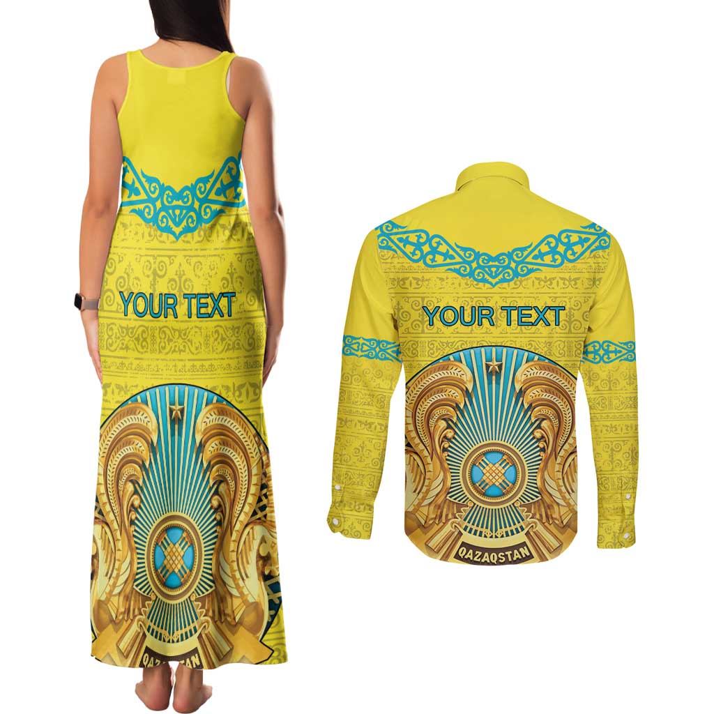 Personalized Kazakhstan Emblem Couples Matching Tank Maxi Dress and Long Sleeve Button Shirt Kazakh Pattern