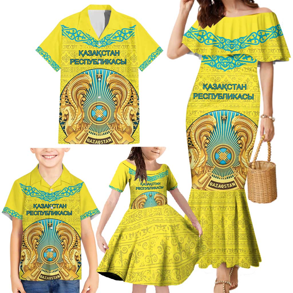 Personalized Kazakhstan Emblem Family Matching Mermaid Dress and Hawaiian Shirt Kazakh Pattern