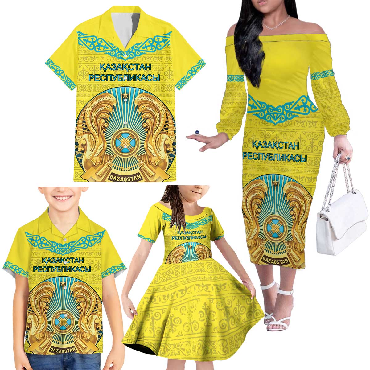 Personalized Kazakhstan Emblem Family Matching Off The Shoulder Long Sleeve Dress and Hawaiian Shirt Kazakh Pattern