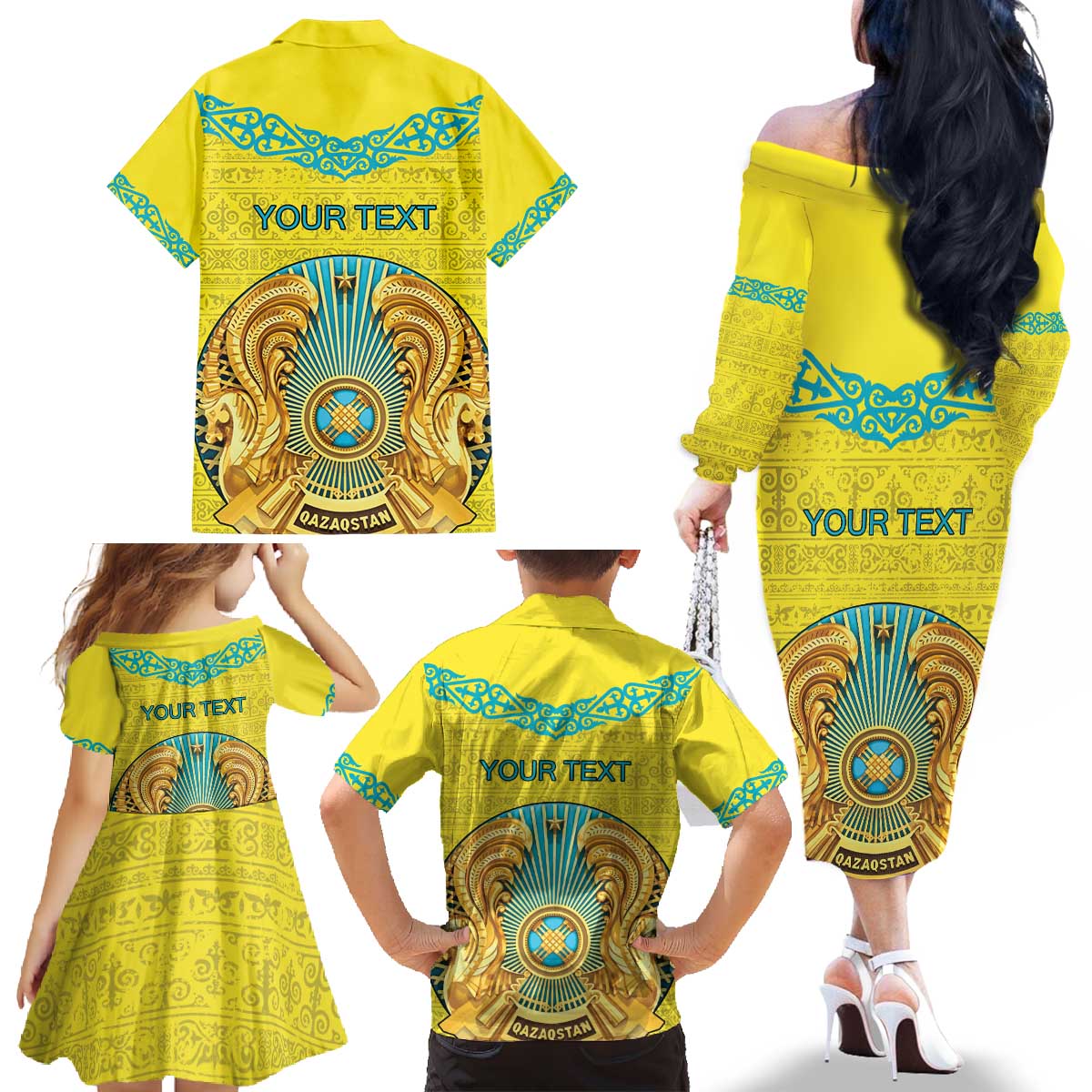 Personalized Kazakhstan Emblem Family Matching Off The Shoulder Long Sleeve Dress and Hawaiian Shirt Kazakh Pattern