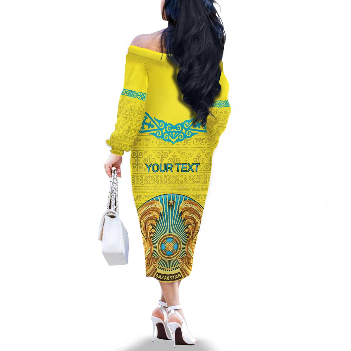 Personalized Kazakhstan Emblem Family Matching Off The Shoulder Long Sleeve Dress and Hawaiian Shirt Kazakh Pattern