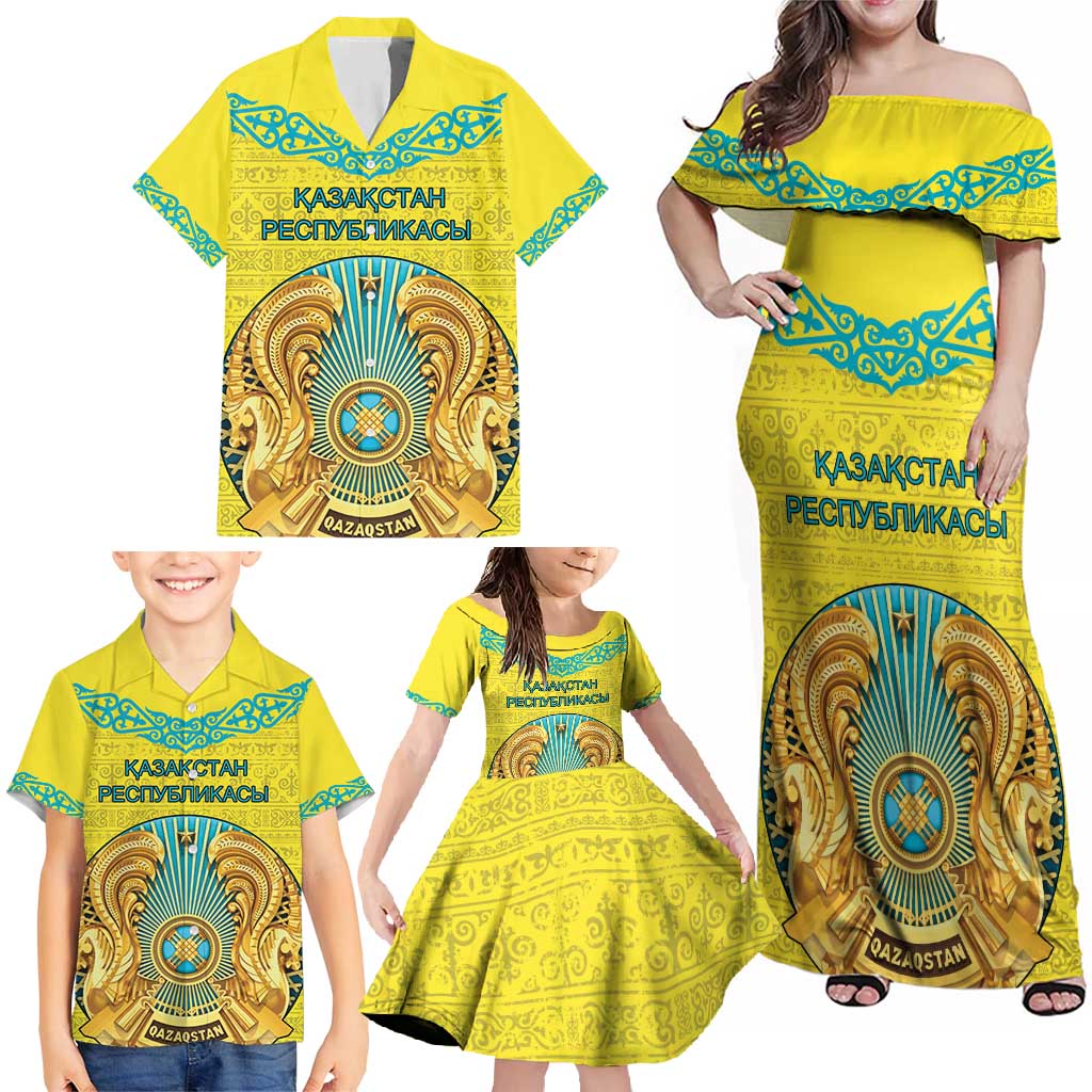 Personalized Kazakhstan Emblem Family Matching Off Shoulder Maxi Dress and Hawaiian Shirt Kazakh Pattern