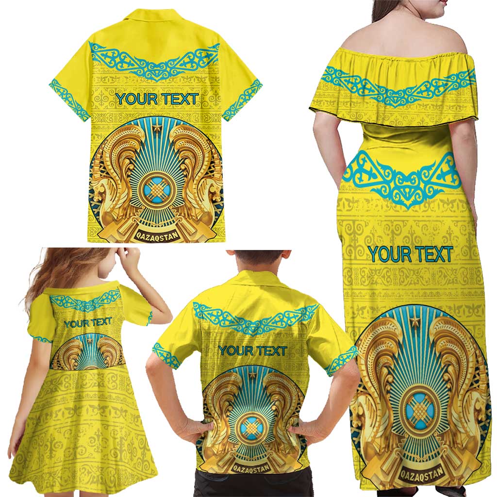 Personalized Kazakhstan Emblem Family Matching Off Shoulder Maxi Dress and Hawaiian Shirt Kazakh Pattern