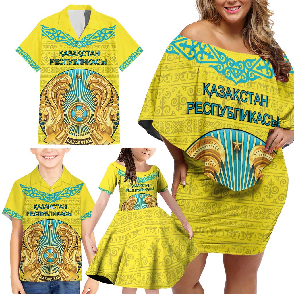 Personalized Kazakhstan Emblem Family Matching Off Shoulder Short Dress and Hawaiian Shirt Kazakh Pattern