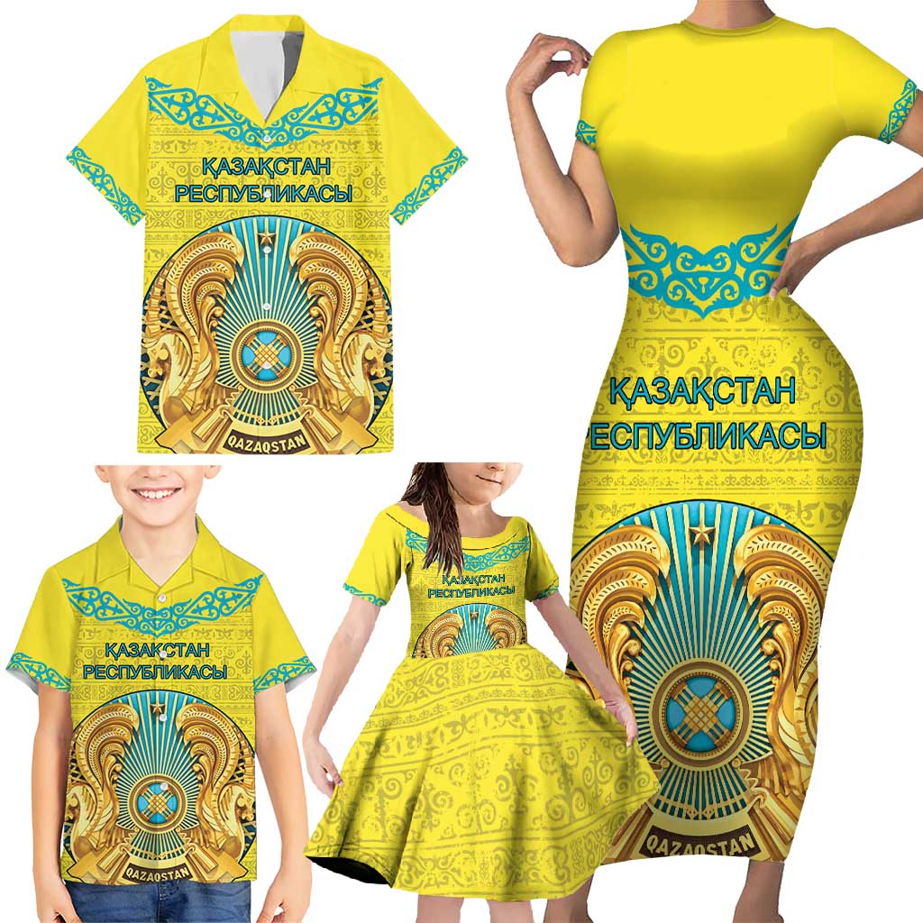 Personalized Kazakhstan Emblem Family Matching Short Sleeve Bodycon Dress and Hawaiian Shirt Kazakh Pattern