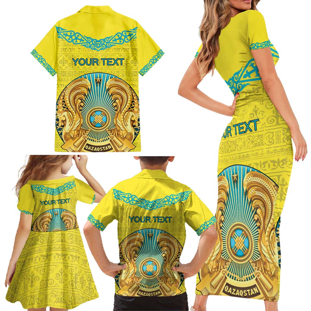 Personalized Kazakhstan Emblem Family Matching Short Sleeve Bodycon Dress and Hawaiian Shirt Kazakh Pattern