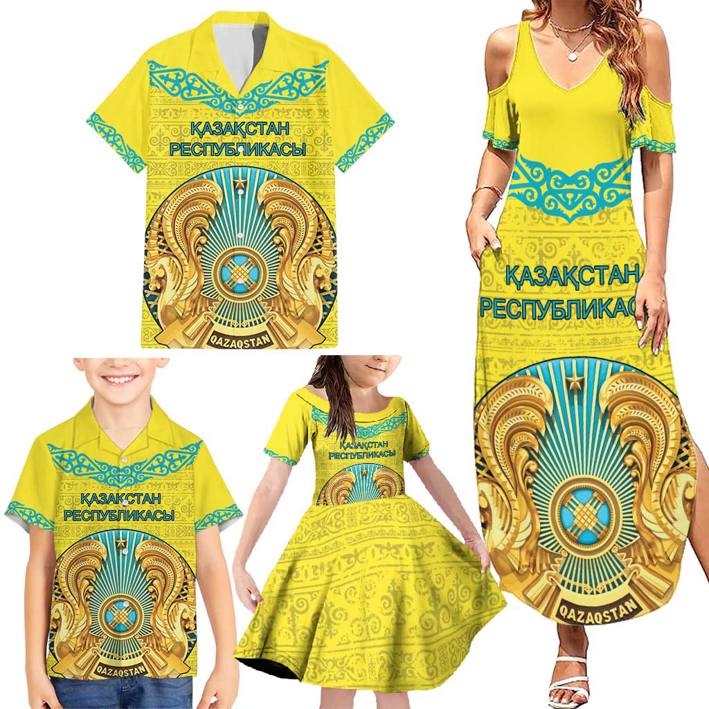 Personalized Kazakhstan Emblem Family Matching Summer Maxi Dress and Hawaiian Shirt Kazakh Pattern