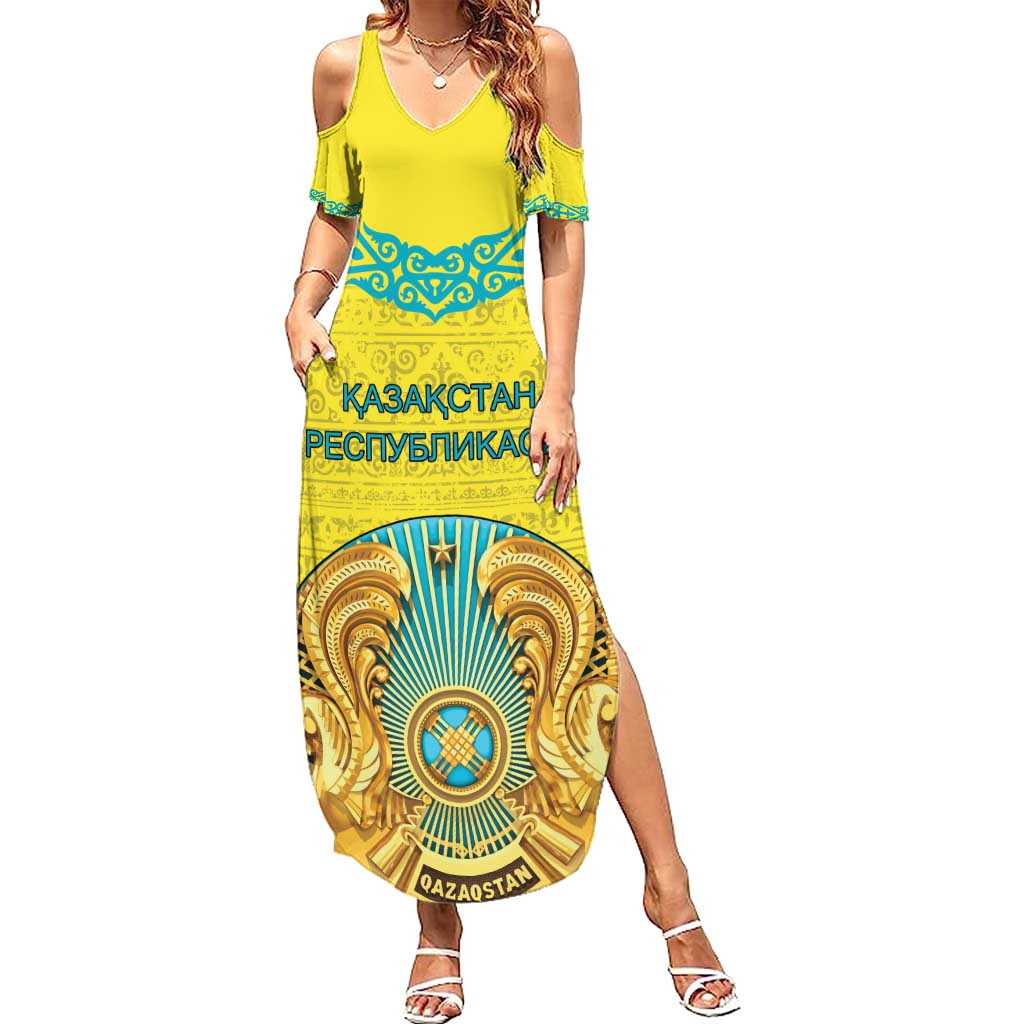 Personalized Kazakhstan Emblem Family Matching Summer Maxi Dress and Hawaiian Shirt Kazakh Pattern