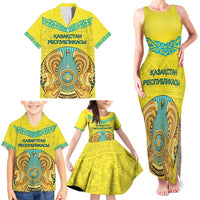 Personalized Kazakhstan Emblem Family Matching Tank Maxi Dress and Hawaiian Shirt Kazakh Pattern