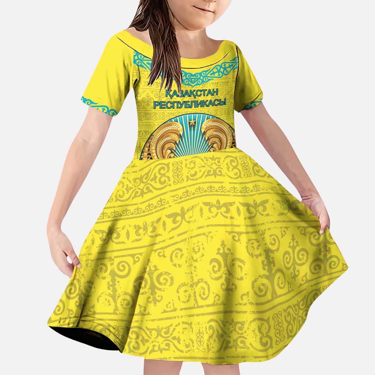 Personalized Kazakhstan Emblem Kid Short Sleeve Dress Kazakh Pattern