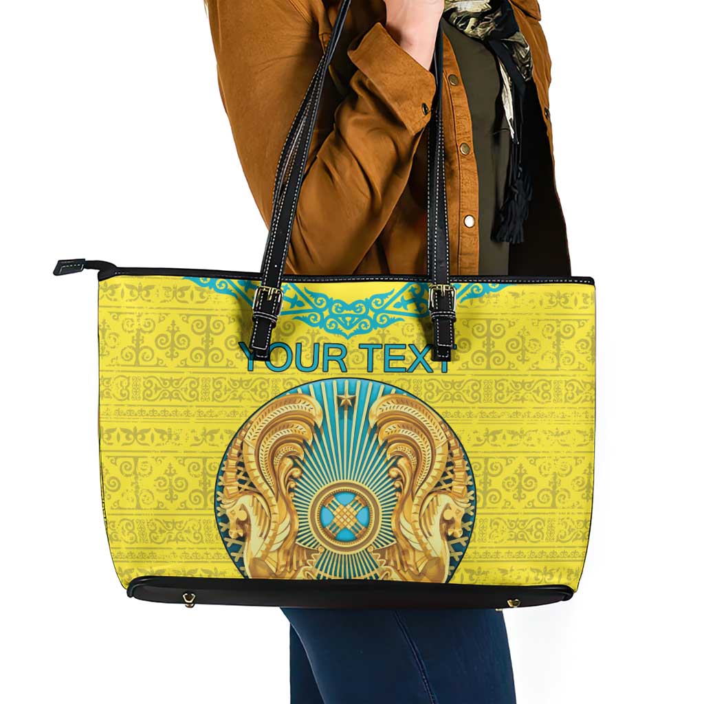 Personalized Kazakhstan Emblem Leather Tote Bag Kazakh Pattern