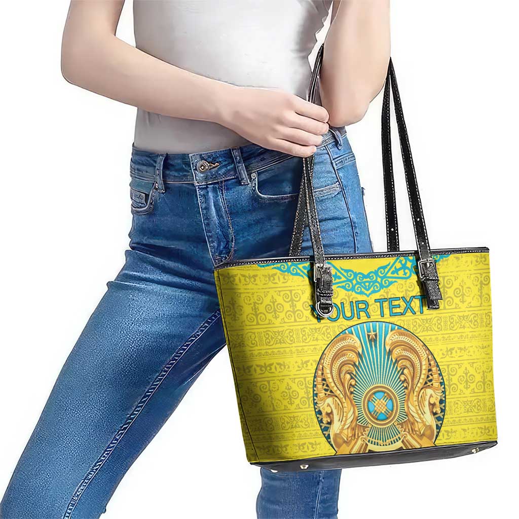 Personalized Kazakhstan Emblem Leather Tote Bag Kazakh Pattern