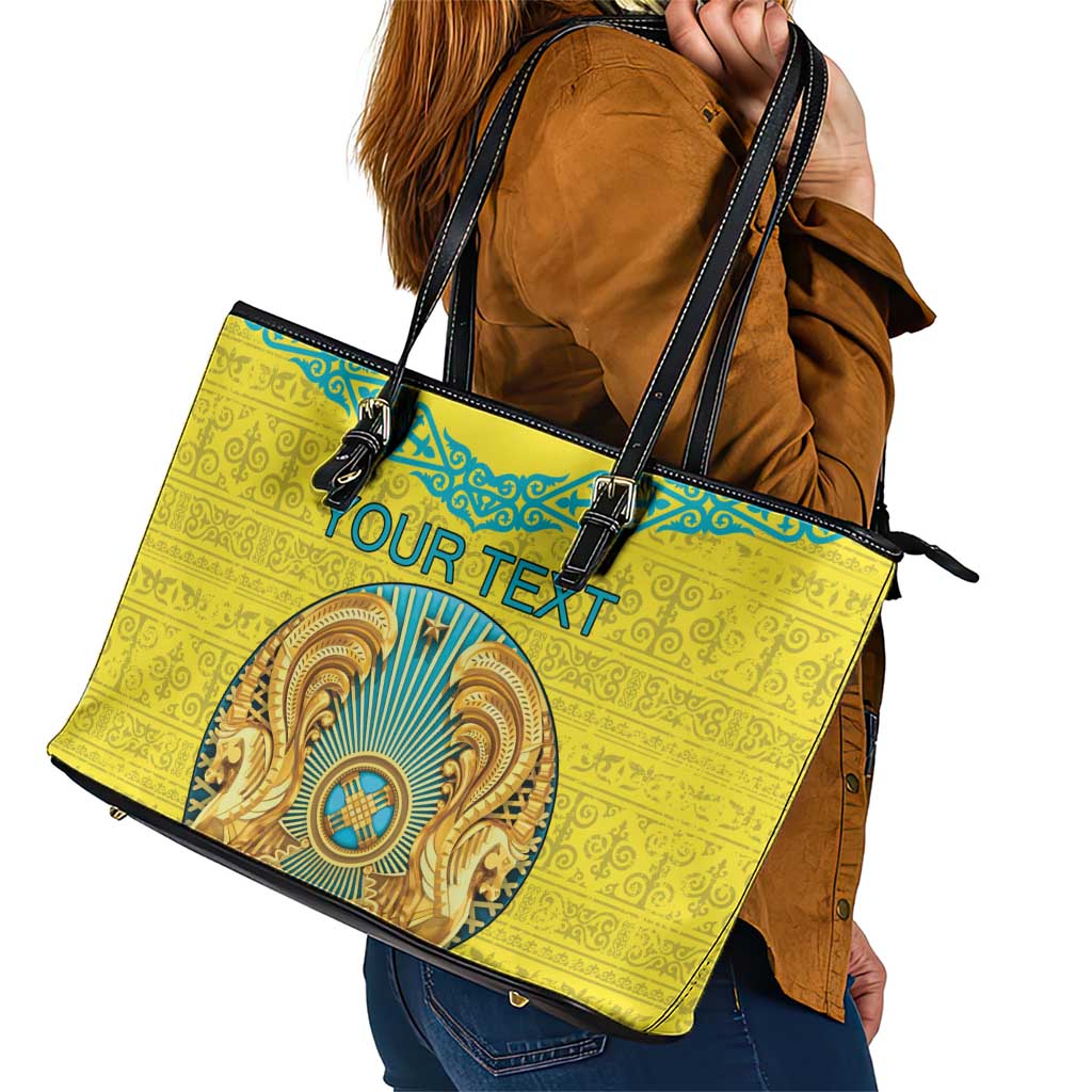 Personalized Kazakhstan Emblem Leather Tote Bag Kazakh Pattern