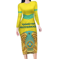 Personalized Kazakhstan Emblem Long Sleeve Bodycon Dress Kazakh Pattern