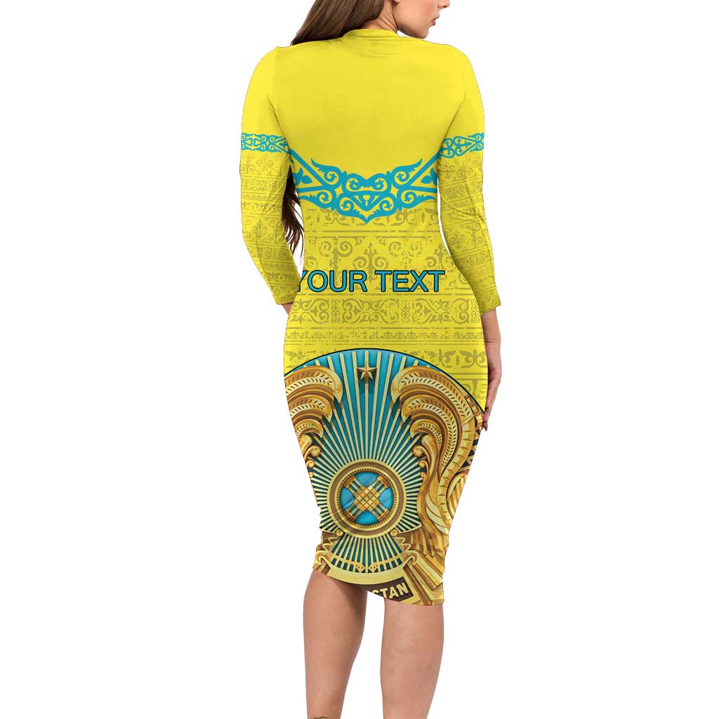Personalized Kazakhstan Emblem Long Sleeve Bodycon Dress Kazakh Pattern