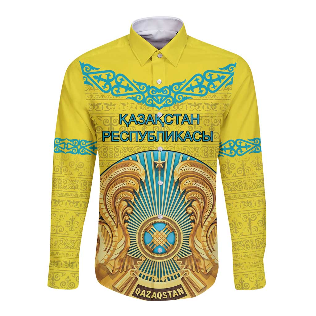 Personalized Kazakhstan Emblem Long Sleeve Button Shirt Kazakh Pattern