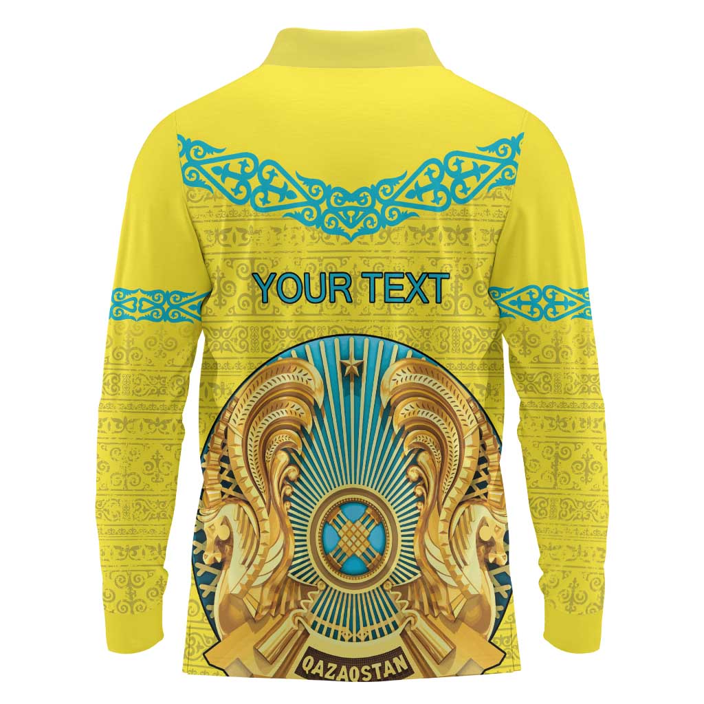 Personalized Kazakhstan Emblem Long Sleeve Polo Shirt Kazakh Pattern